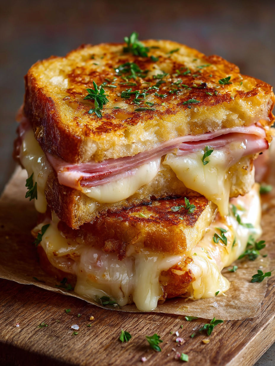 Une sandwich de croissant au fromage et herbes, avec des tranches de jambon et des herbes vertes.