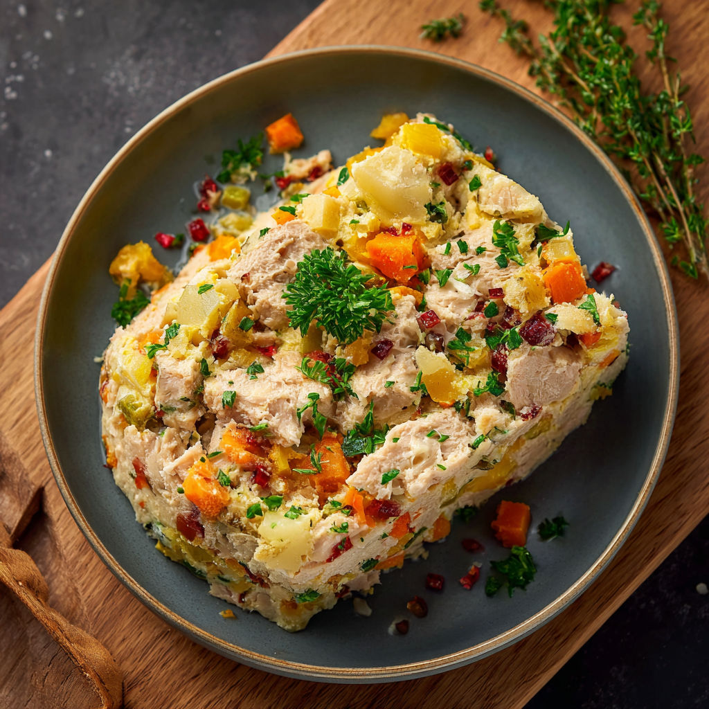 Une recette de Pain de Poulet avec des légumes variés, tels que des carottes et des oignons, est servie sur un plateau.