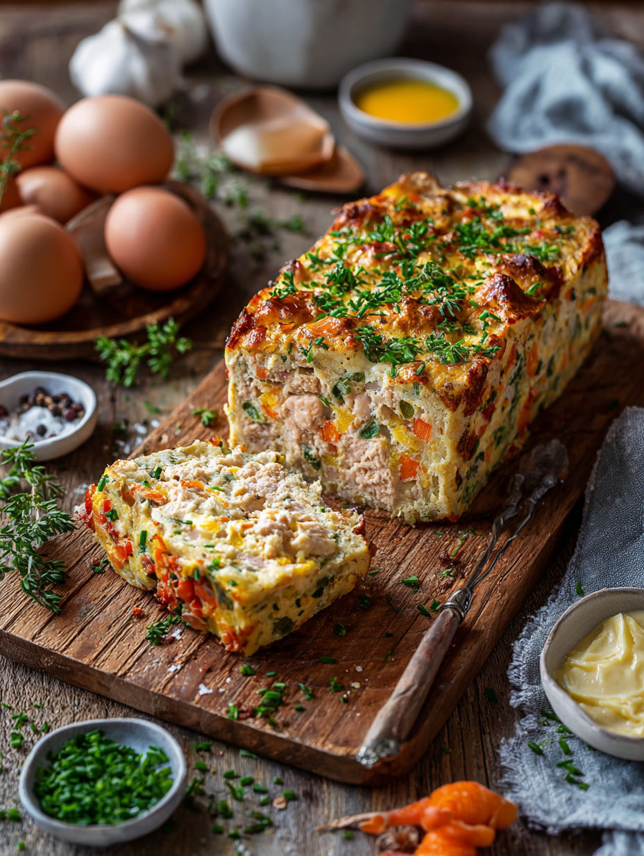 Une pièce de Pain de Carottes est servie sur une table avec des œufs et des herbes.
