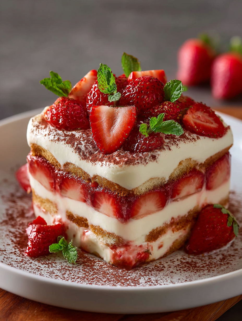 Une tarte au citron et à la menthe, garnie de fraises, de crème et de chocolat, est servie sur un plateau.