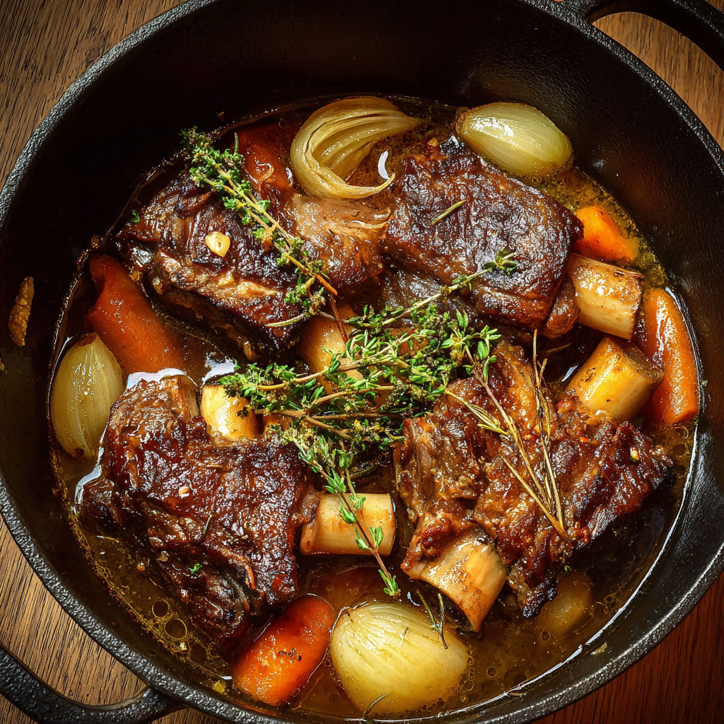 Une recette de boeuf grillé avec des carottes et des oignons dans une casserole.