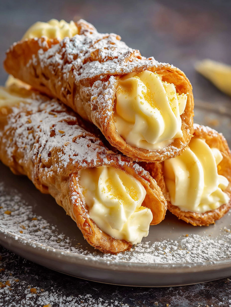 Une douceur sucrée et savoureuse, les cannoli à la crème et aux fruits de mer, sont présentés sur un plateau.