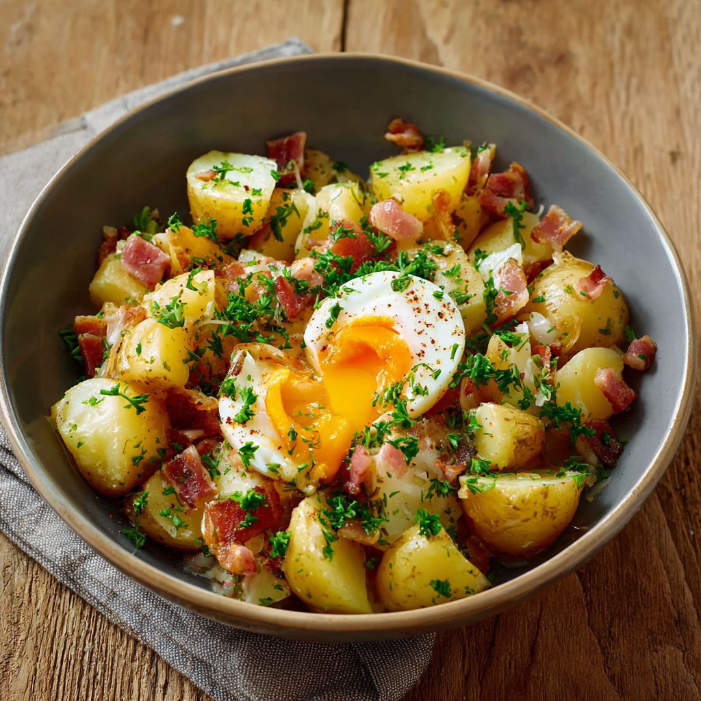 Une salade de pommes de terre et de bacon, avec un œuf au centre.