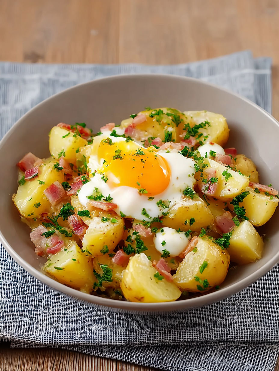 Une salade de pommes de terre et de bacon, avec une omelette sur le dessus.