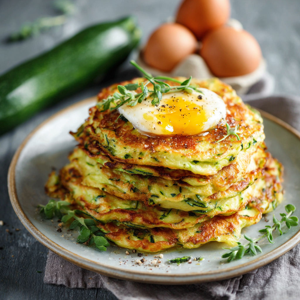 Une pile de crêpes aux herbes, avec des œufs brouillés et des légumes verts.