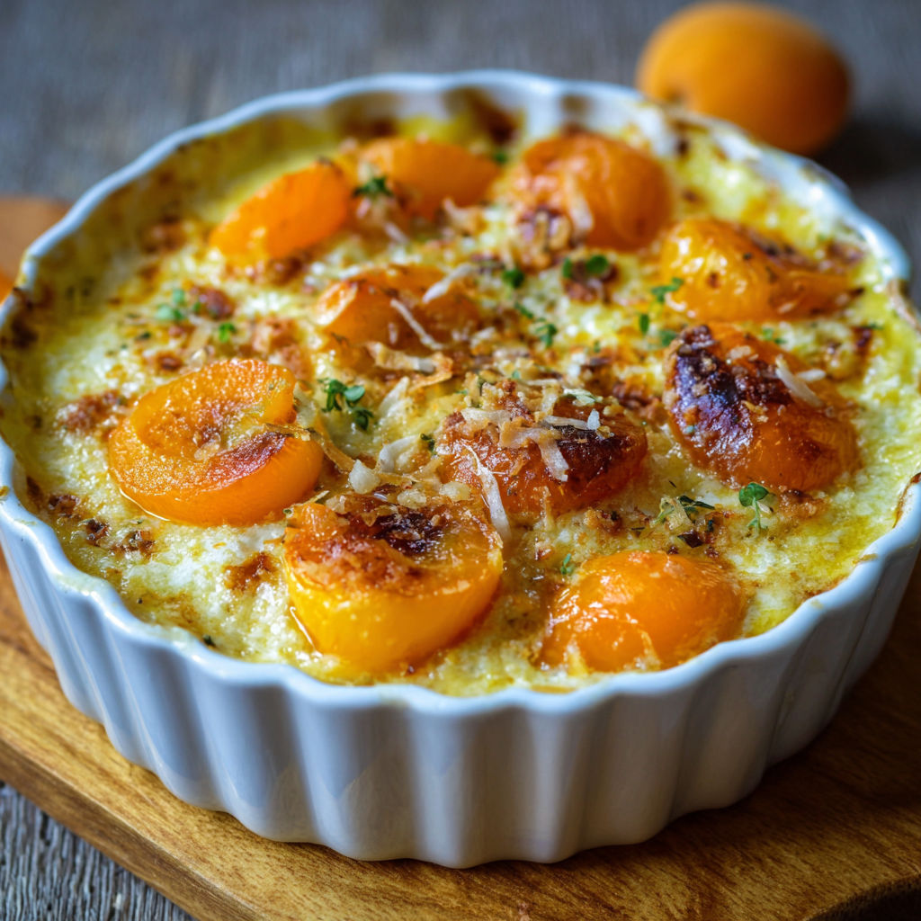 Une tarte aux abricots, avec des abricots cuits et des herbes fraîches, est servie dans un bol en porcelaine.
