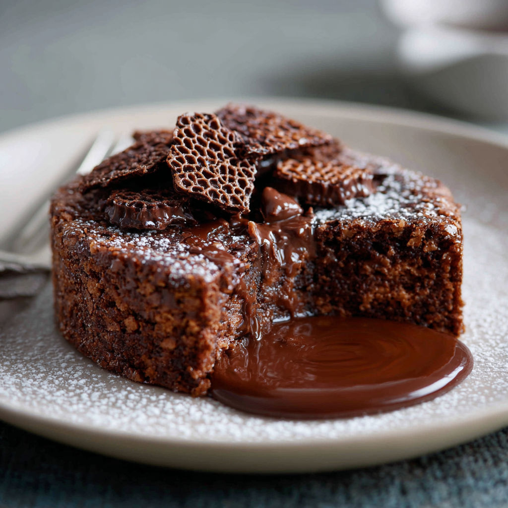 Une tarte croustillante avec du chocolat fondu et des noix de cacao.