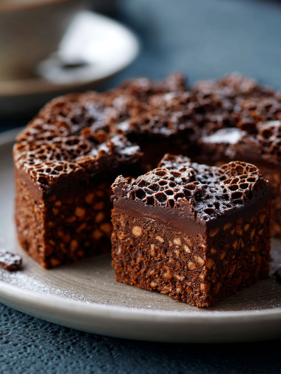 Une tarte au chocolat avec des noix et des croutons de chocolat.