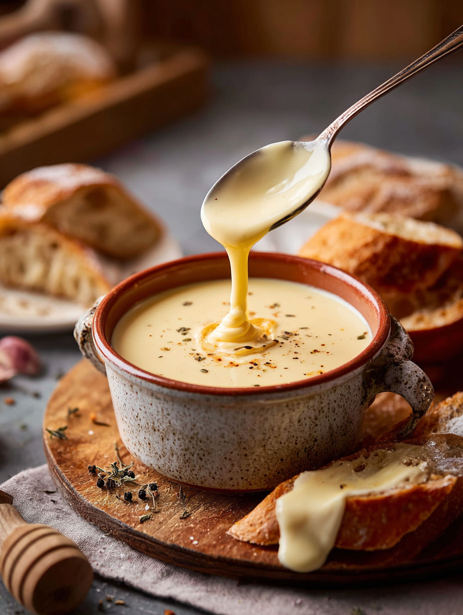Une tasse de soupes au lait est servie sur un plateau avec des tranches de pain grillé.