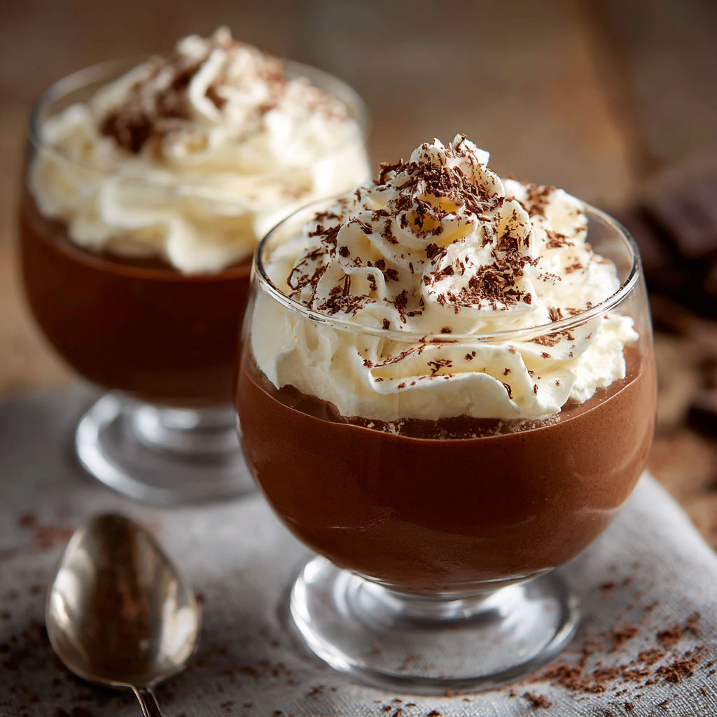 Desserts in glasses with white cream and chocolate sauce.