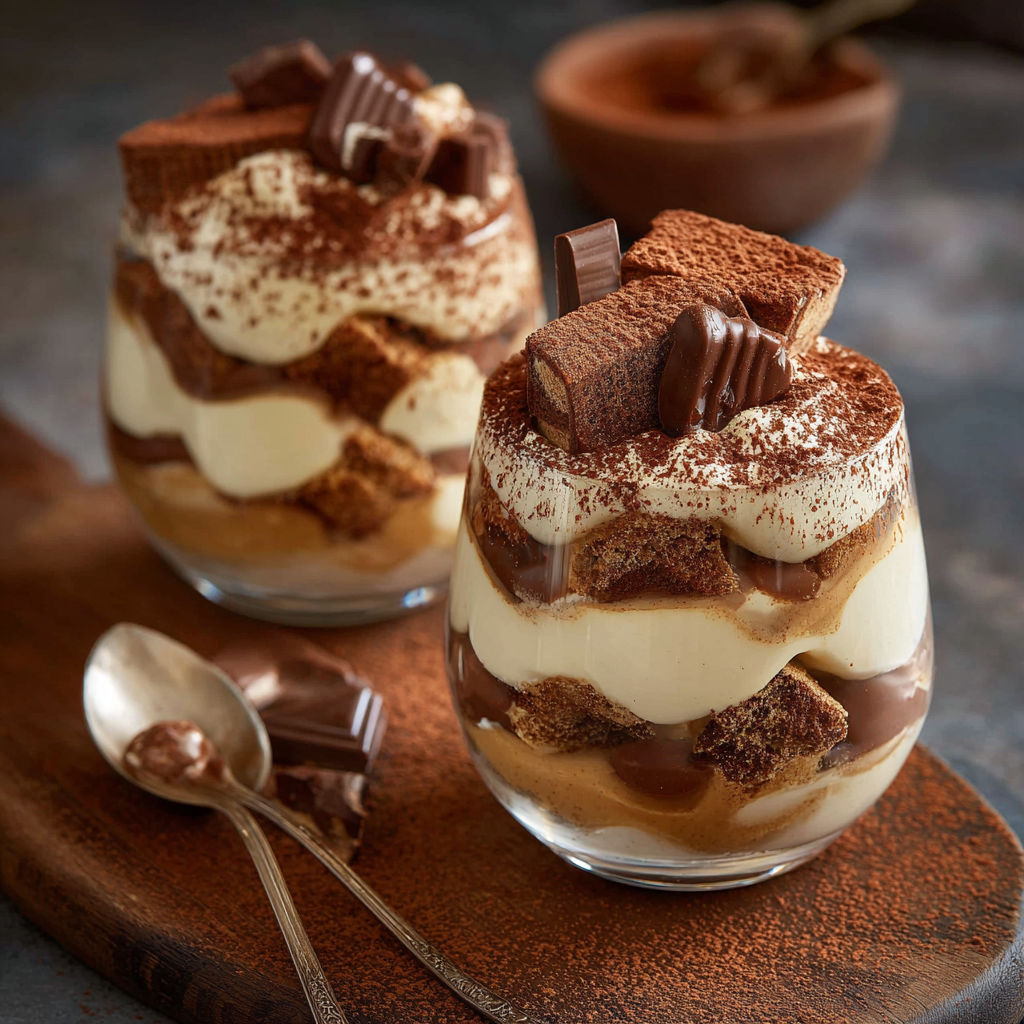 Desserts in glasses with chocolate and cream, reminiscent of a tiramisu recipe.