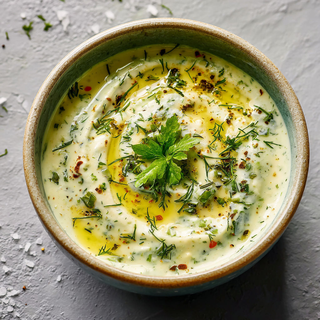 Une souffleuse de yaourt avec des herbes vertes et des épices.