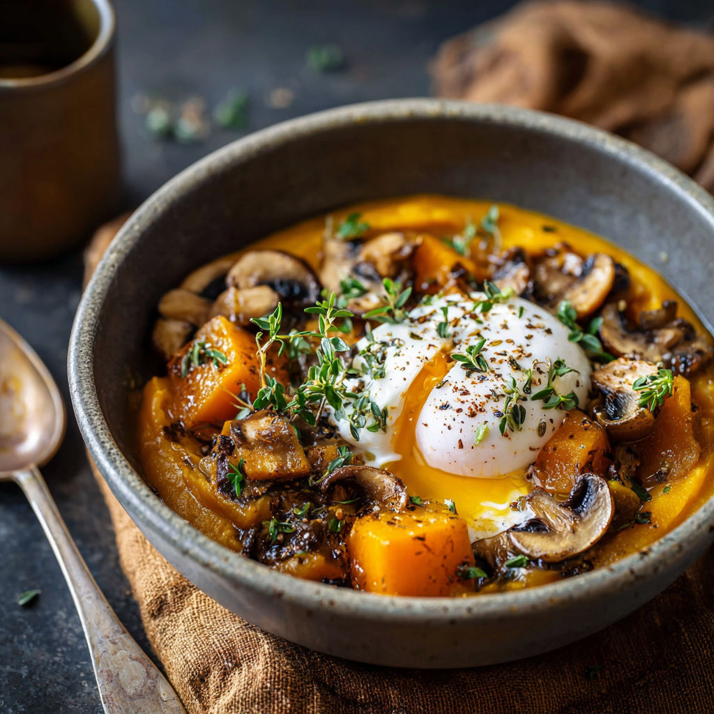 Une recette de soupe d'hiver est servie dans un bol en gris.