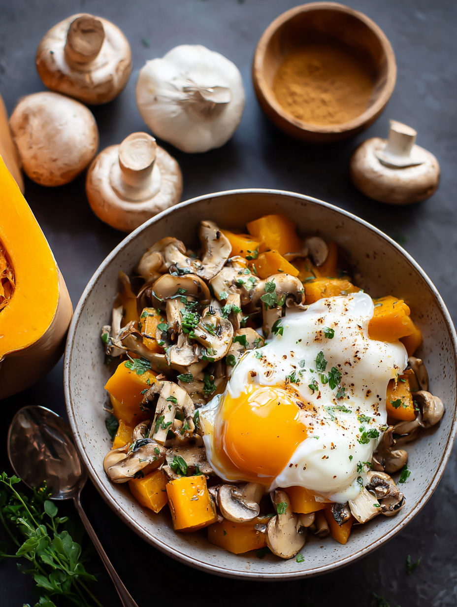 Une recette de mushroom et oeufs pochés dans un bol.