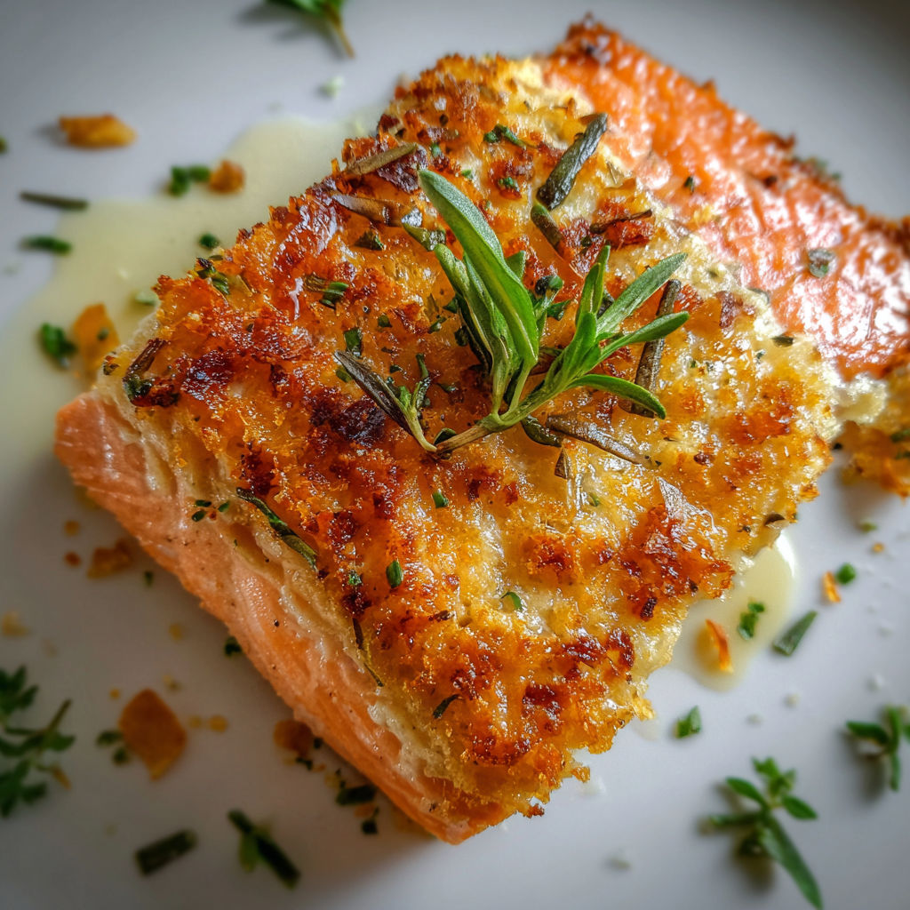 Une pièce de saumon grillé avec des herbes et des légumes sur un plateau.