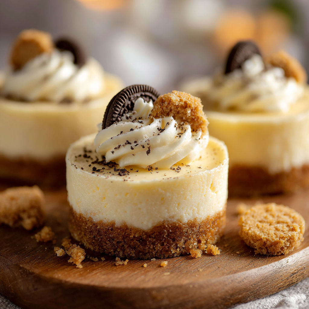 Des mini-cheesecakes sur un plateau de bois, garnis de croutons de biscuits et de crème fouettée.