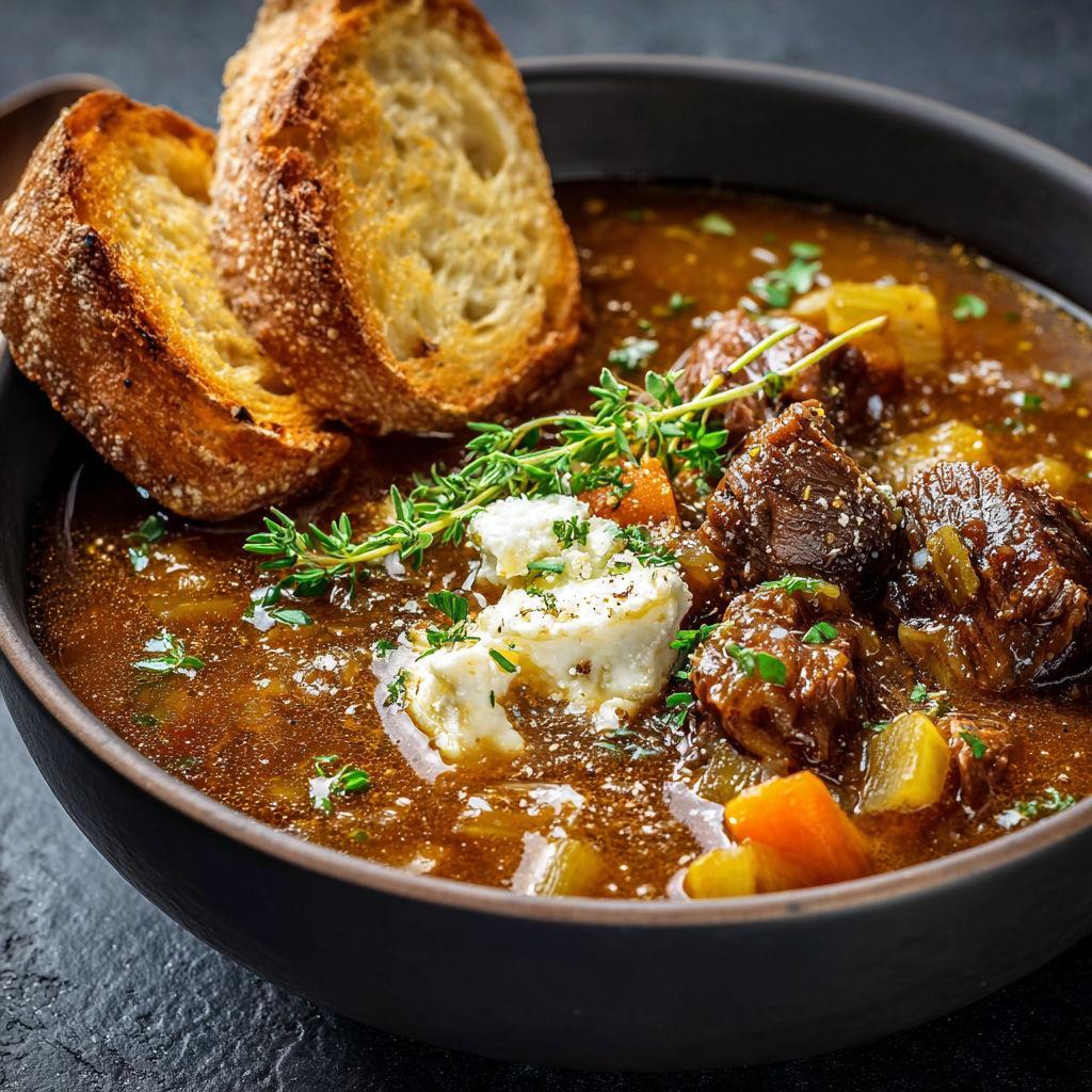Une soupe chaude avec des tranches de pain et des herbes.