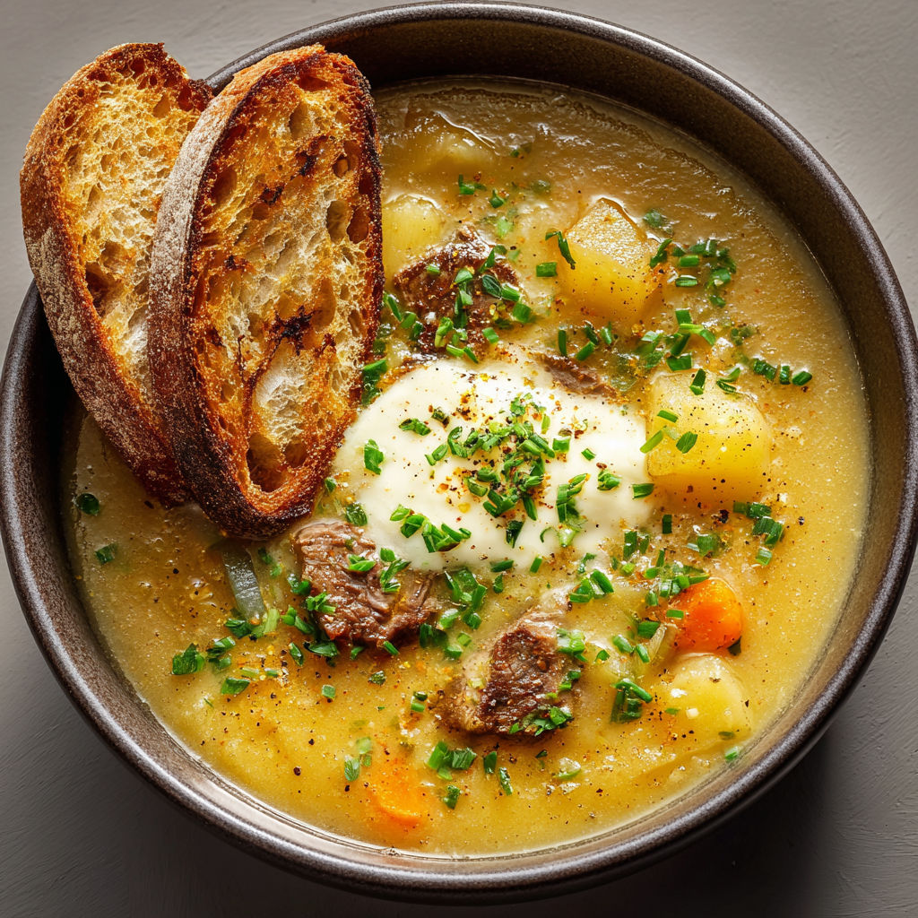 Une soupe chaude avec des pains grillés, des herbes et des légumes.