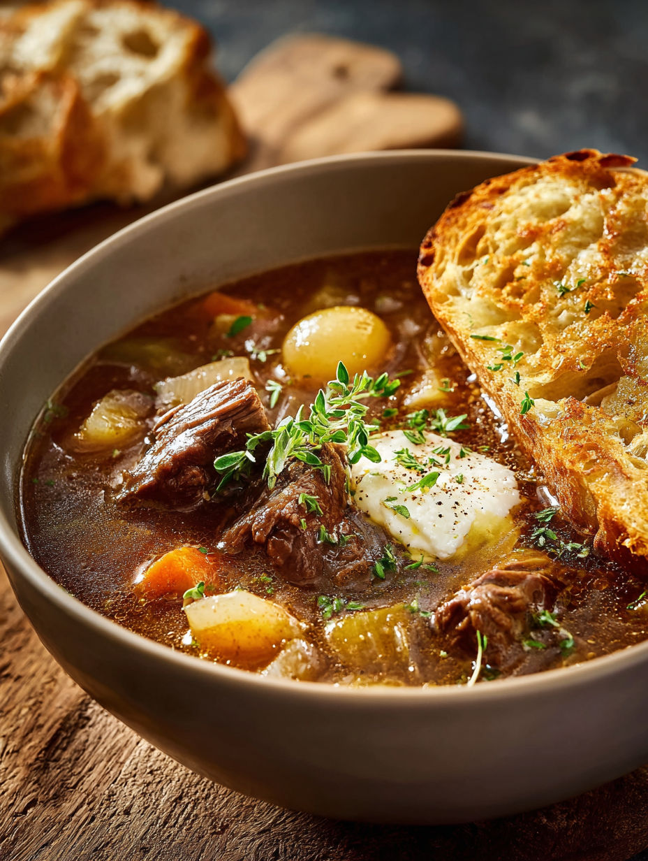 Une soupe chaude avec des pains grillés et des légumes.
