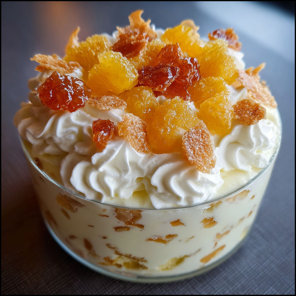 Une tarte aux fruits et croutons, avec une base de crème de lait et de croutons de café, est servie dans un verre.