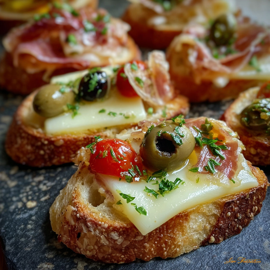 Montaditos, une recette de pains grillés avec des tomates, olives et fromage.
