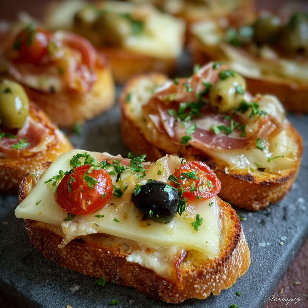 Une tranche de pain grillé avec des tomates, olives et fromage.