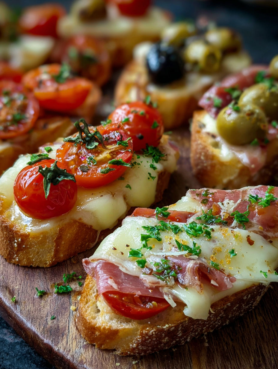 Une recette de croissants au fromage et tomates, servies sur une planche de bois.