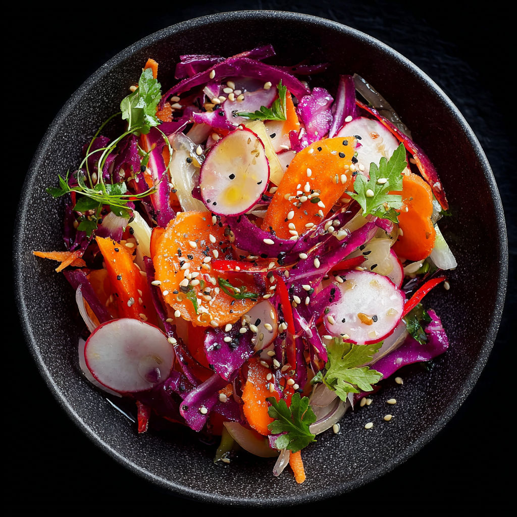 Une salade de carottes et de raisins de la grappe, avec des herbes et des noix de cajou, est servie dans un bol noir.