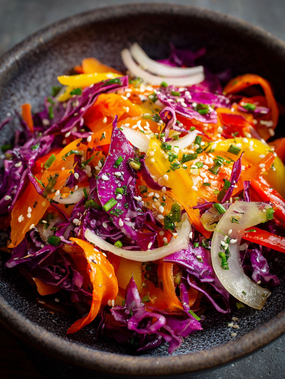 Une salade de légumes colorés avec des légumes verts et des légumes rouges.