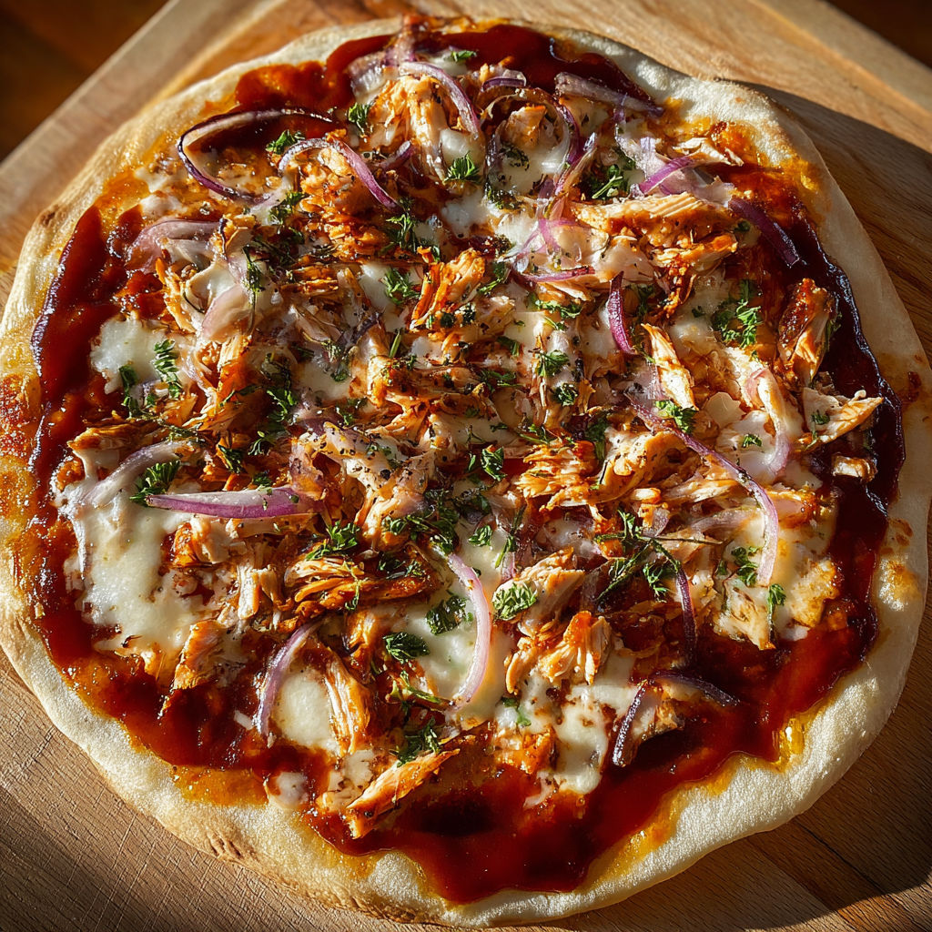 Une pizza de poulet avec des légumes et des herbes sur un plateau de bois.