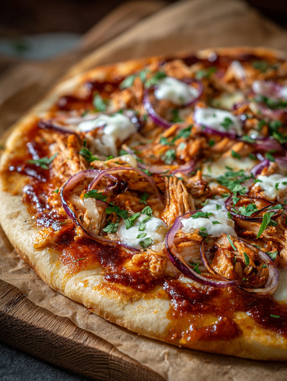 Une pizza de poulet avec des légumes et des herbes.