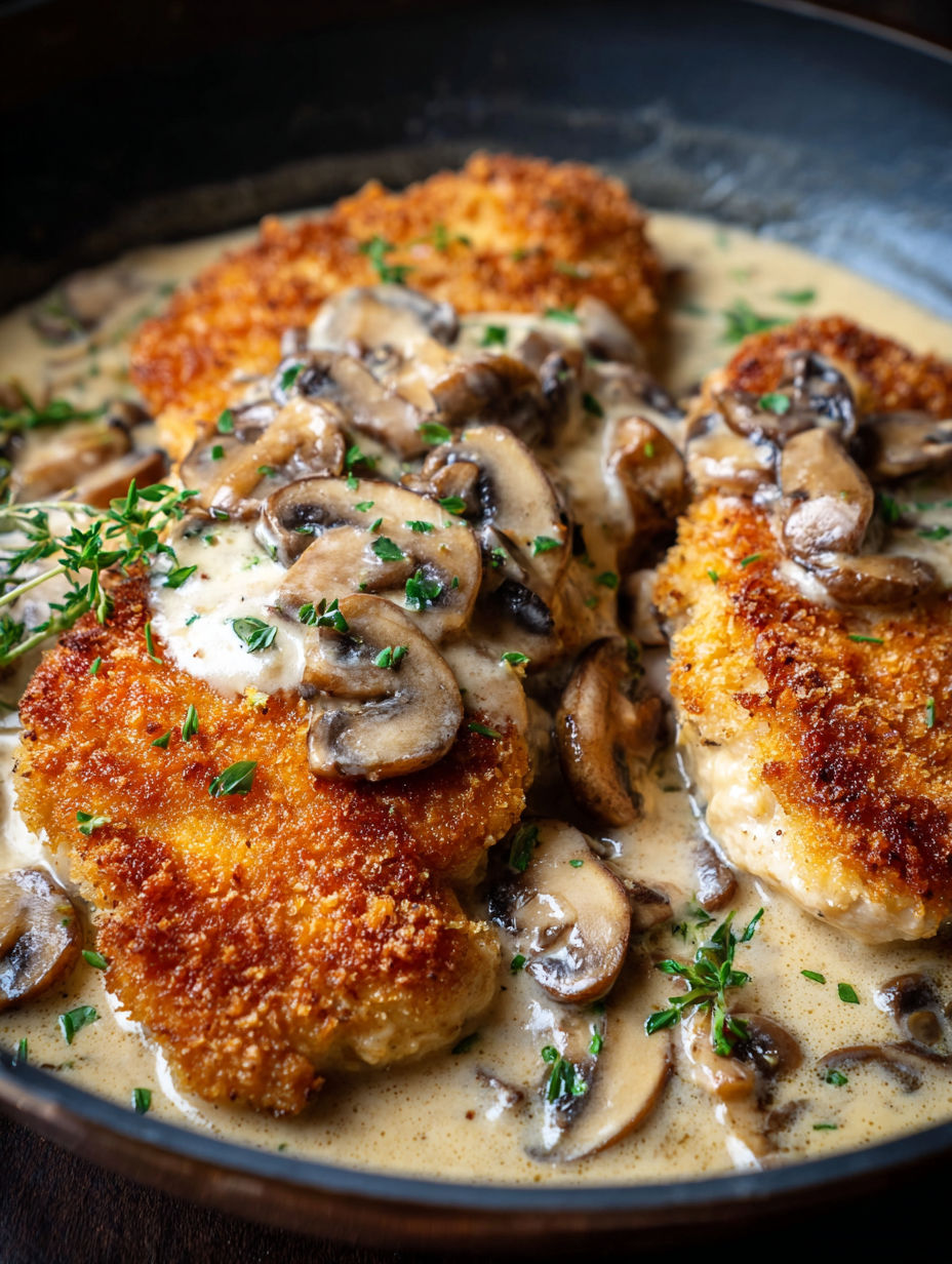 Chicken with mushrooms and herbs in a creamy sauce.