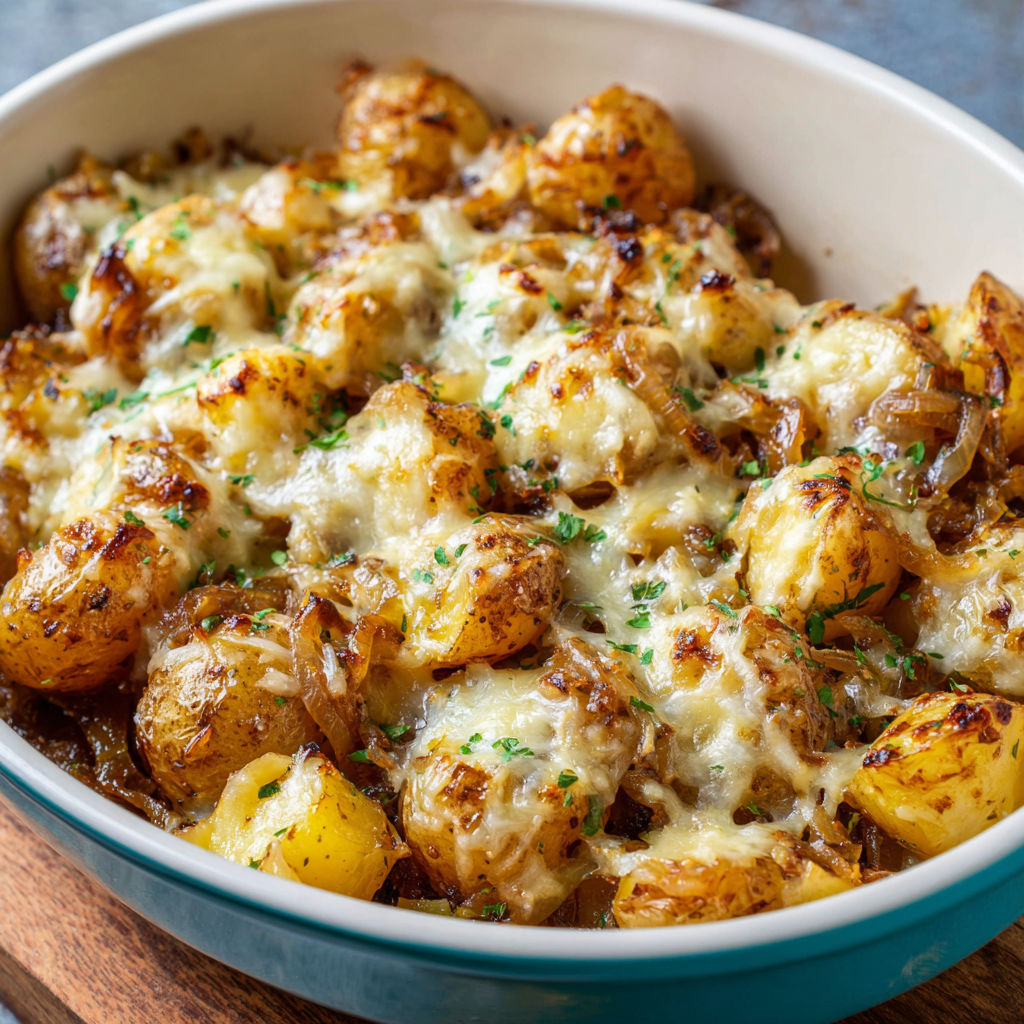 Une recette de pommes de terre et de potatoes gratinées dans un bol.
