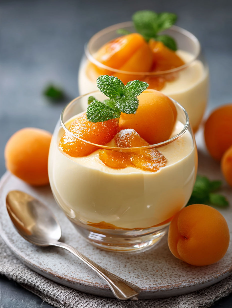 Une tarte aux fruits et crème glacée, avec des fruits frais et des herbes fraîches, est servie dans des verres.