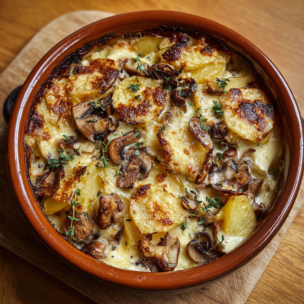 Une tartiflette chaude et croustillante, avec des champignons et des pommes de terre, est servie dans un bol en terre.