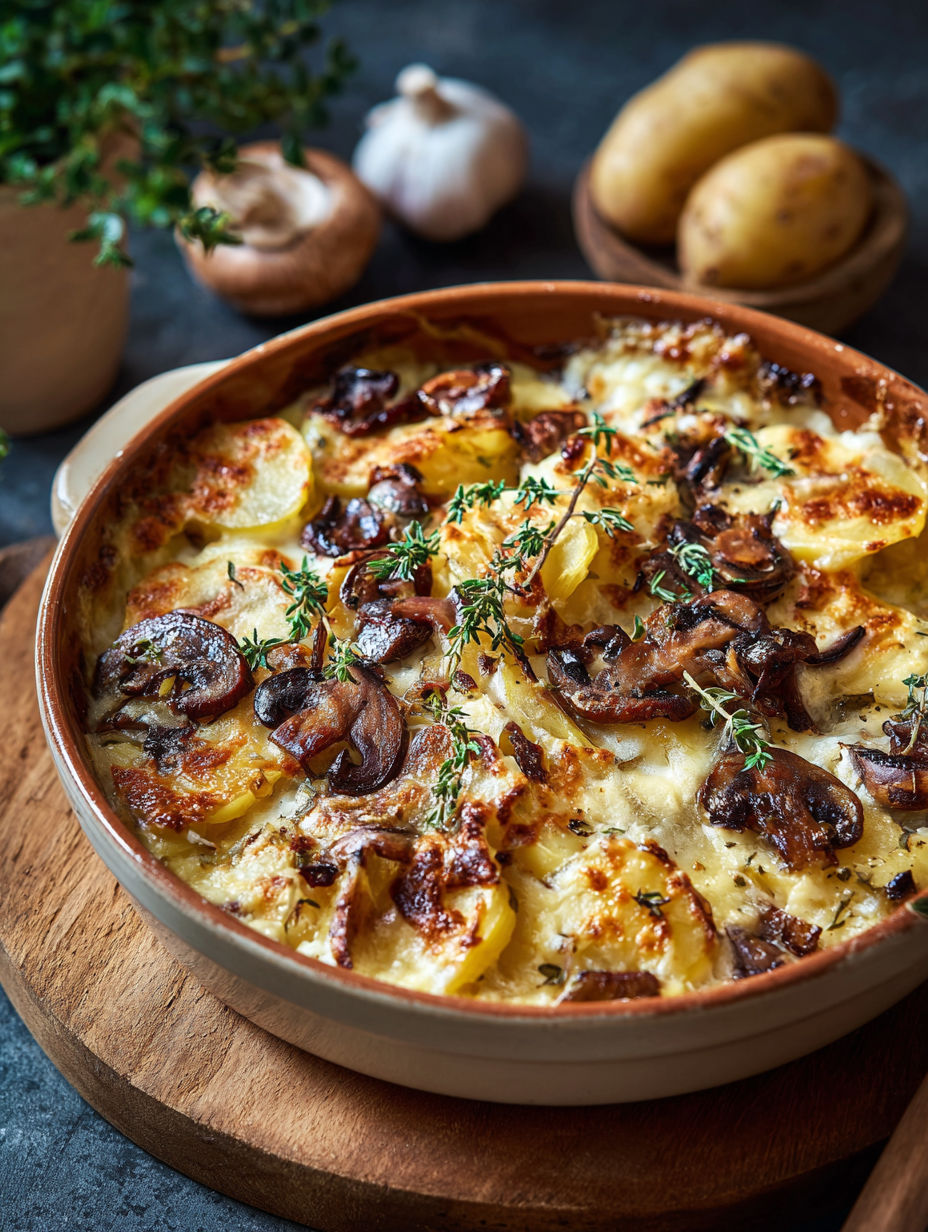 Une tartiflette maison, faite avec des pommes de terre, des champignons et des herbes, est servie dans un bol en terre.