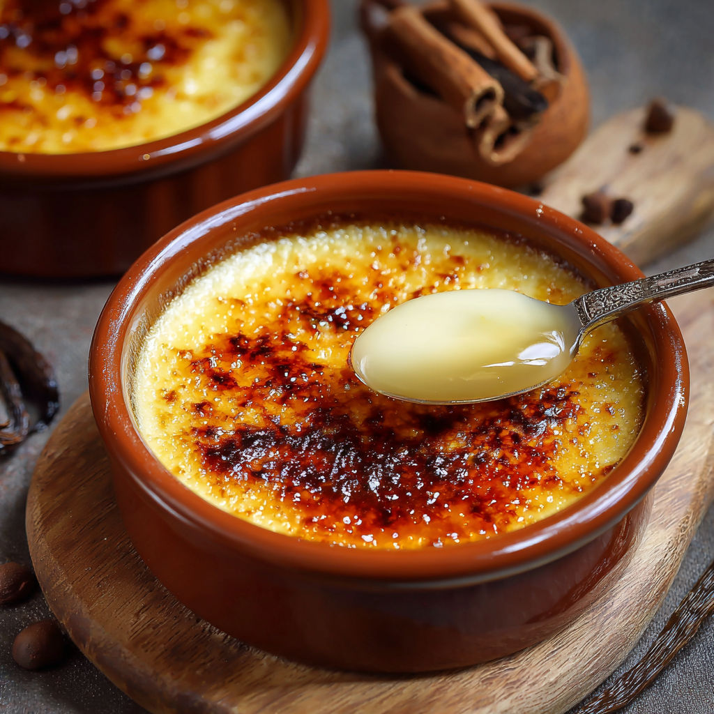 Une crème brûlée chaude et sucrée, avec une cuillère en argent pour la saupoudrer de sucre caramélisé.