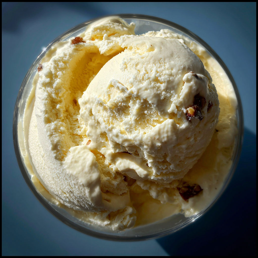 Un délicieux crêpe à la crème, avec des noix et des raisins, est présenté dans un verre transparent.