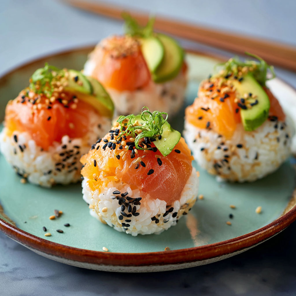 Plate of sushi with rice and fish, with a spoon and a knife nearby.