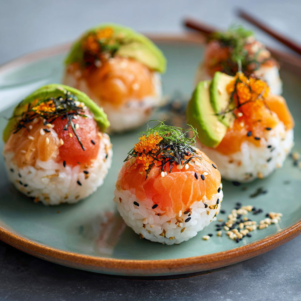 Plate of sushi with avocado, salmon, and rice.