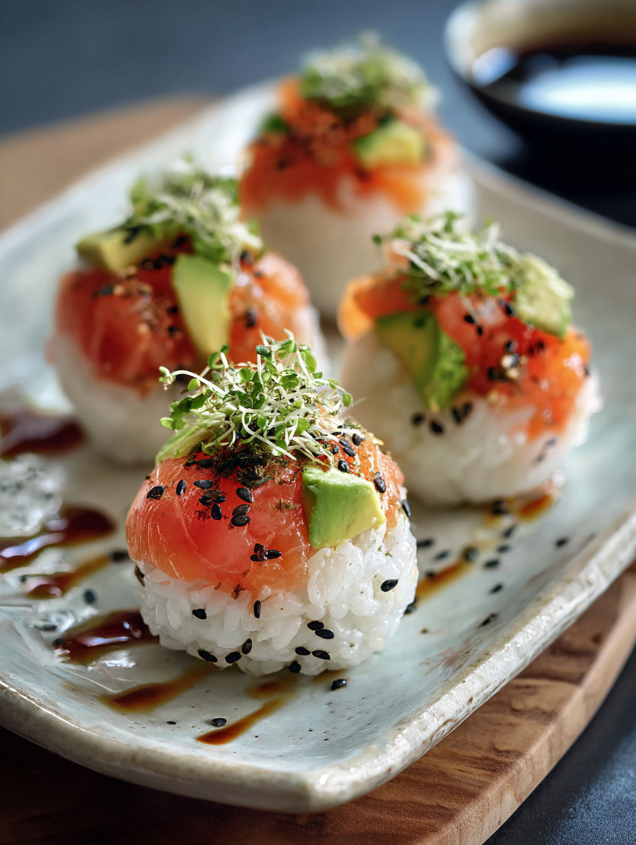 Sushi platters with rice, avocado, and salmon, served on a wooden table.