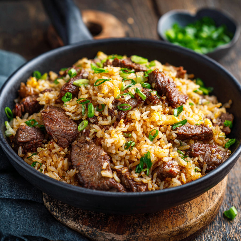 Une recette de riz et de viande chaude dans un bol noir.