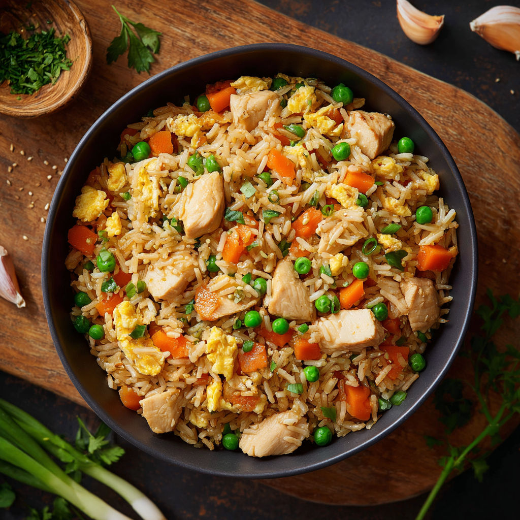 Une recette de riz et légumes, servie dans un bol noir sur une table.
