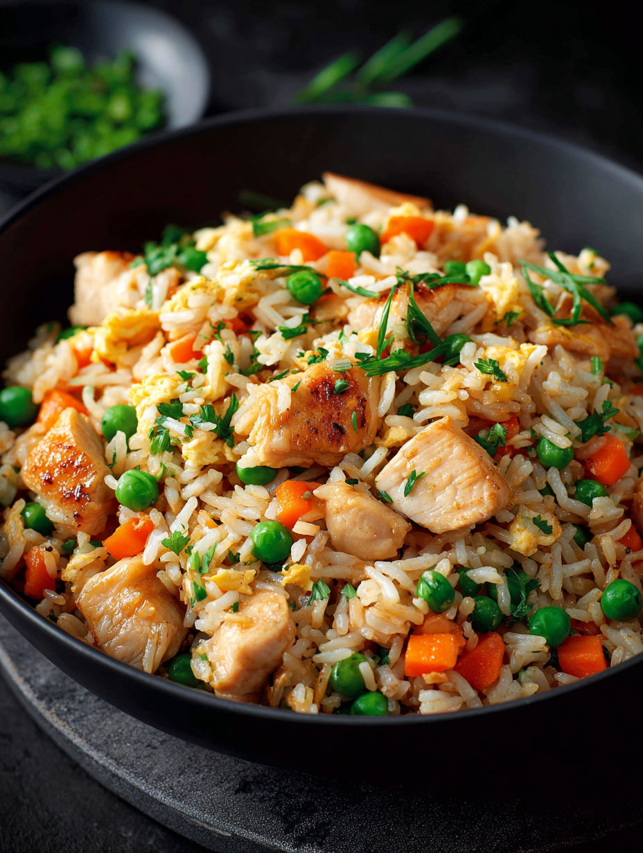 Un plat de riz et légumes, avec des carottes, des pois et des légumes verts, est servie dans un bol noir.