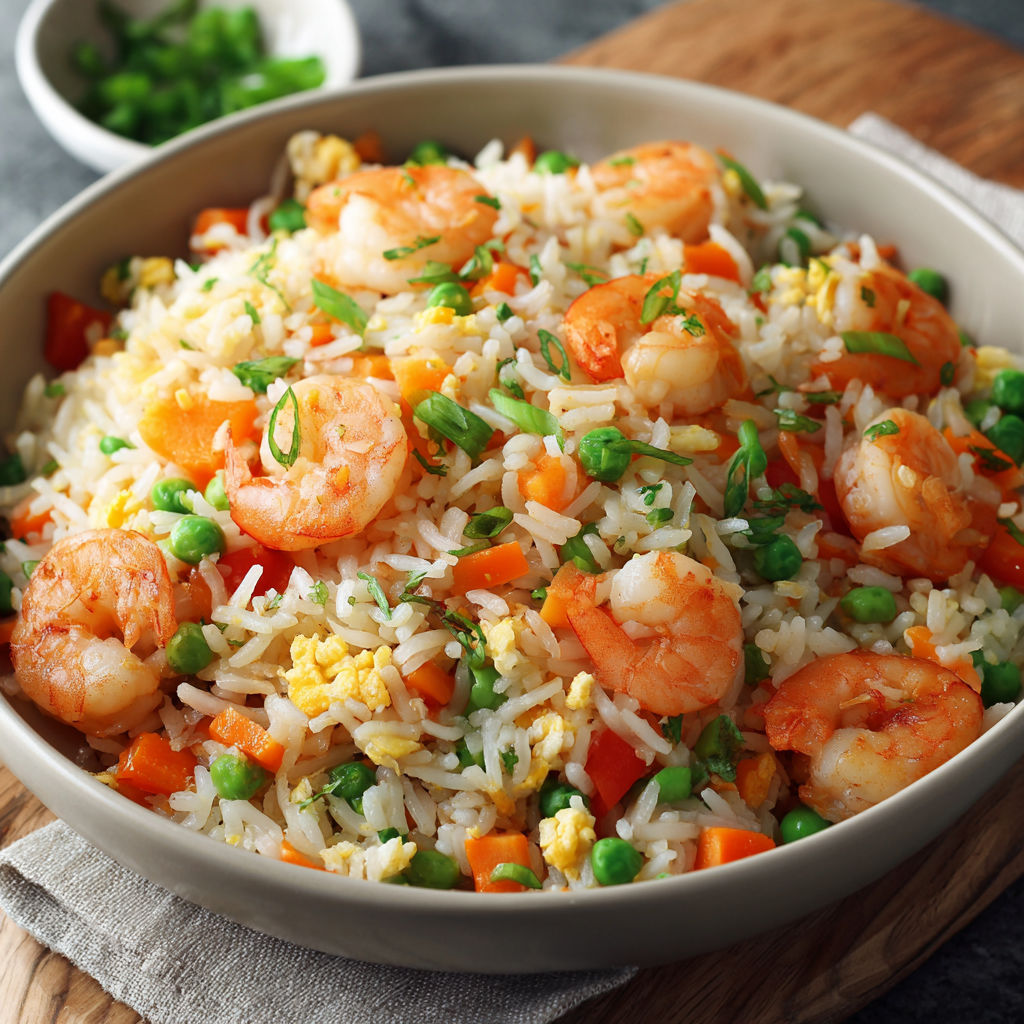 Un plat de Riz frit avec des légumes et des fruits de mer.