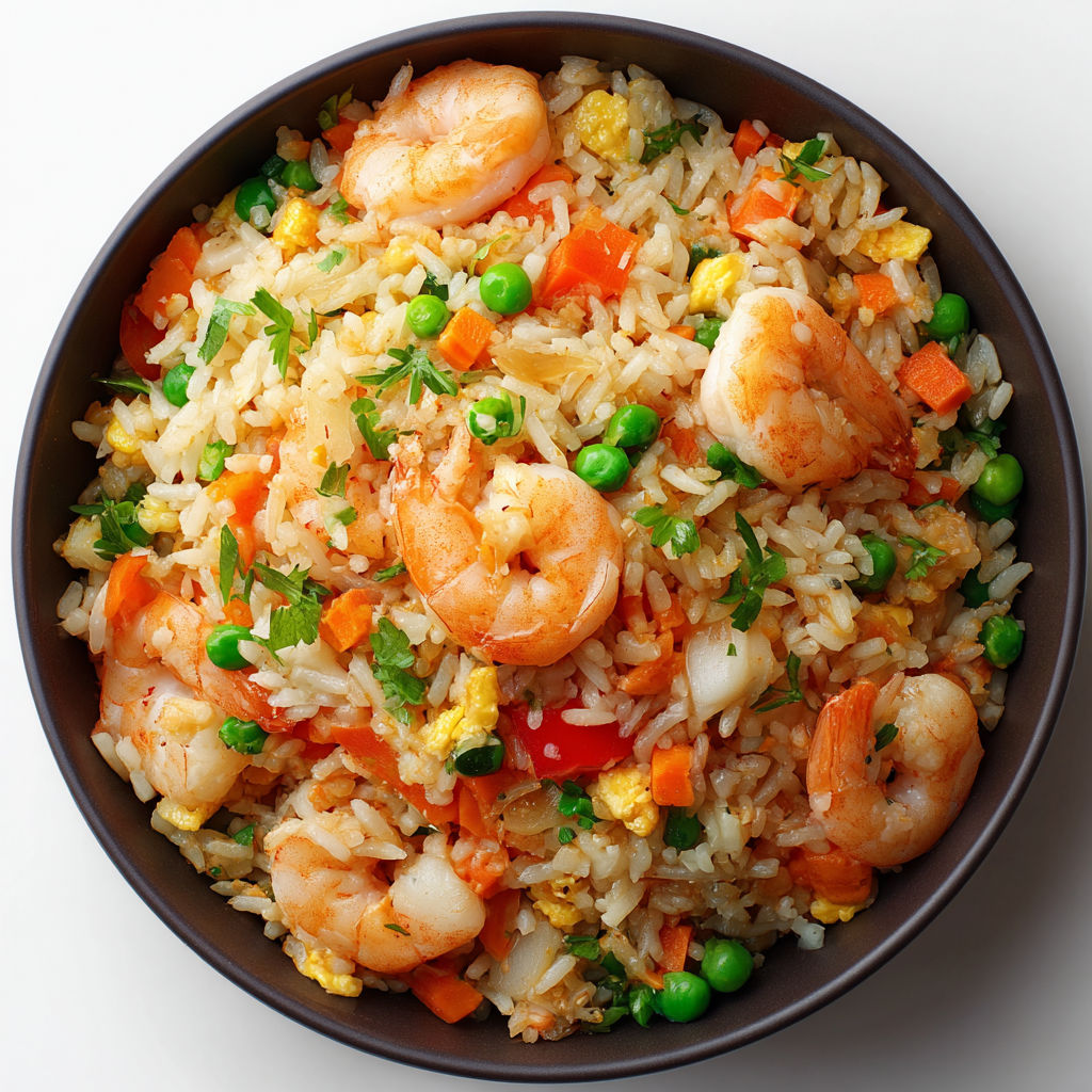 Un plateau de riz et de crevettes avec des légumes verts et des carottes.
