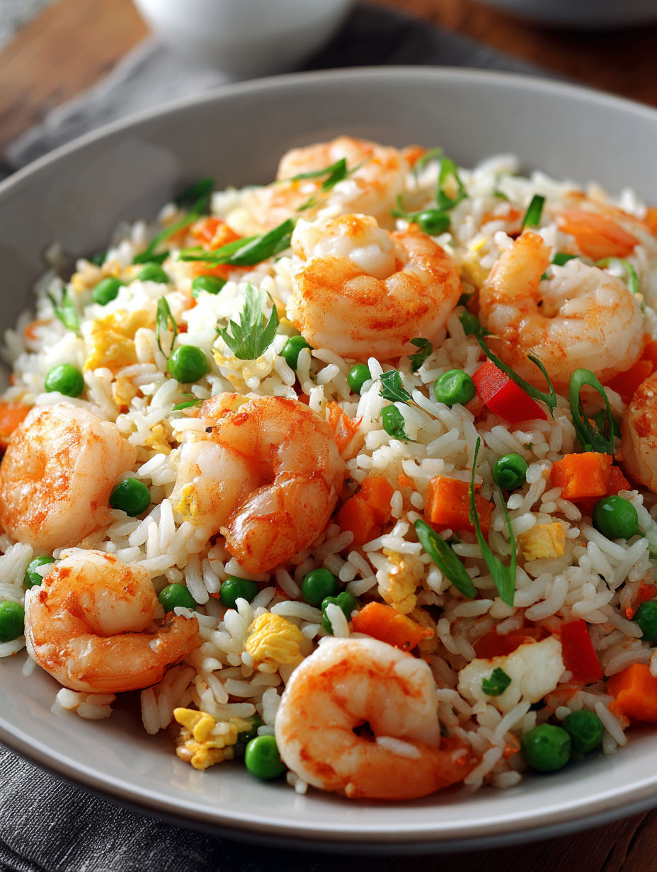 Une recette de fruits de mer et riz, avec des pois, des carottes et des tomates.