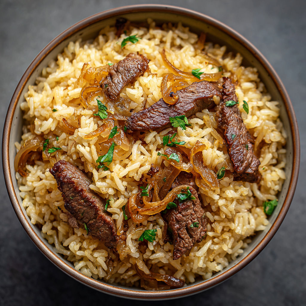 Une recette de riz et de viande avec des légumes.