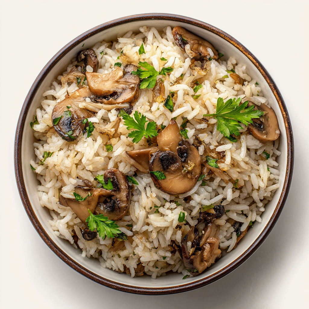 Une assiette de riz avec des champignons et des herbes.