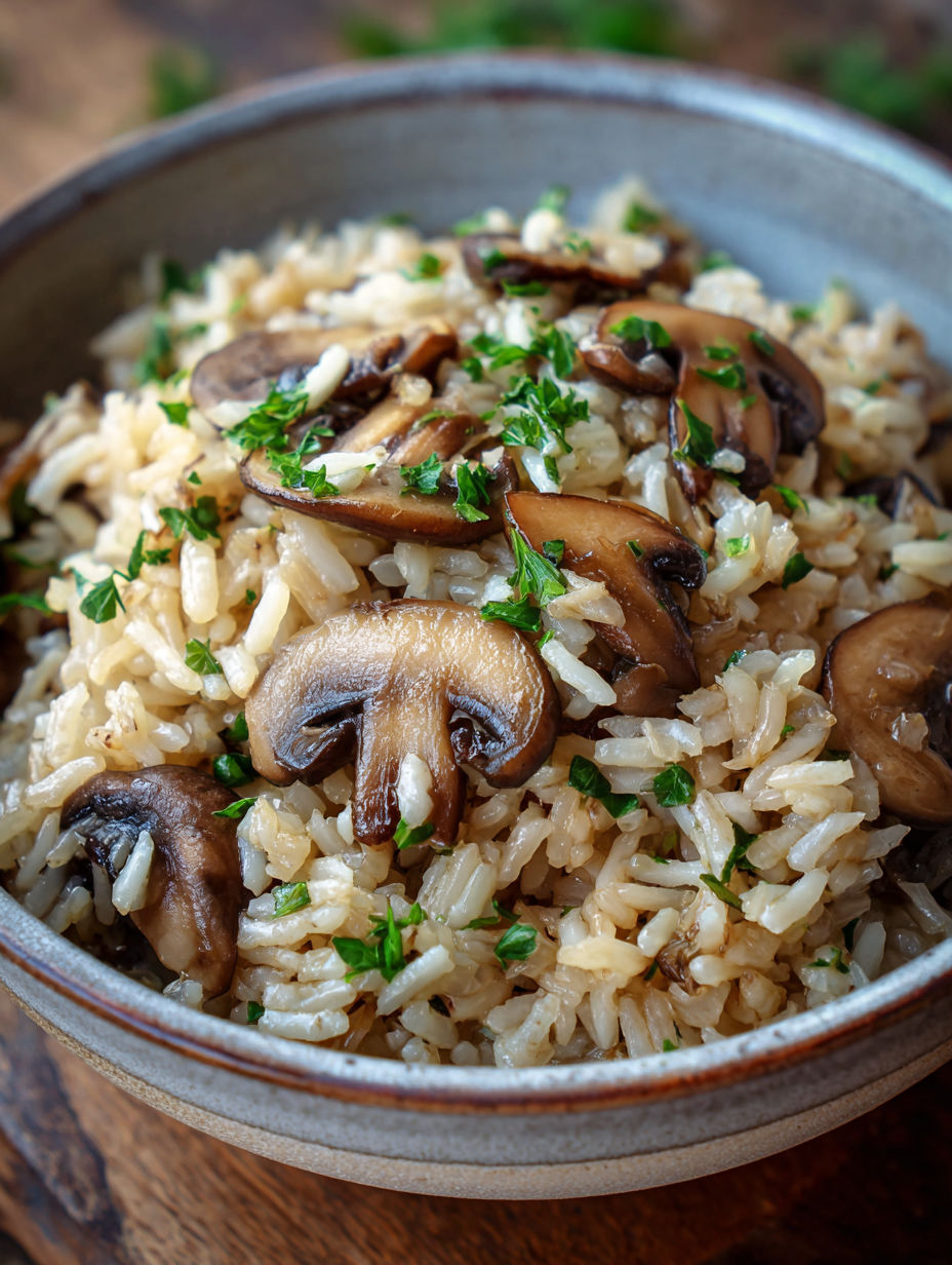 Rice and mushrooms in a bowl, with a green herb garnish.